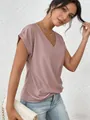 Elegant dusty pink V-neck short sleeve T-shirt for women featuring unique twist hem design - S / Tops / Lotus Pink