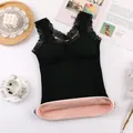 Black seamless lace thermal tank top with fleece lining and bra pads for women clothing - One Size / Tops / Black