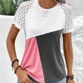 Modisches Damen-T-Shirt mit kurzem Arm, Kontrastfarben und weißem Spitzenärmel-Detail - S / Oberteile / Rosa