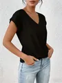 Elegant black V-neck short sleeve T-shirt for women with a minimalist solid color design - S / Tops / Black