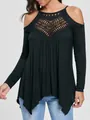 Detail view of black cold shoulder top featuring intricate crochet lace neckline. - S / Tops / Black