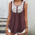 Women's wine red sleeveless knit top featuring elegant white lace patchwork and buttons - S / Tops / Burgundy