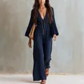 Elegant navy blue bohemian V-neck long sleeve loose wide-leg jumpsuit for women - S / Jumpsuits / Navy Blue