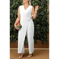 Combinaison blanche élégante sans manches à col en V avec ceinture pour femme été - XS / Robes / Blanc