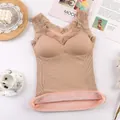Canotta termica beige da donna con pizzo, imbottitura e una calda fodera in pile - Taglia unica / Top / Colore pelle