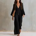 Elegant black Bohemian V-neck wide-leg jumpsuit with long sleeves for a resort look - S / Jumpsuits / Black