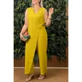 Élégante combinaison cache-cœur jaune sans manches pour femme avec détail de nœud chic - XS / Robes / Jaune