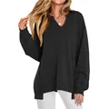 Comfortabele losse zwarte dames sweater met V-hals, perfect voor herfst en wintermode - S / Zwart