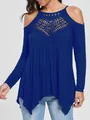 Detail of blue cold-shoulder long sleeve T-shirt with intricate lace crochet neckline - S / Tops / Blue