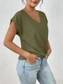 Elegant women's olive green V-neck T-shirt featuring a stylish twist hem detail design - Olive Green