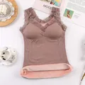 Fleece-lined thermal camisole with lace trim and built-in bra pads in dusty rose - One Size / Tops / Dusty Pink