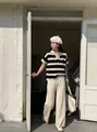 Κομψό σετ δύο τεμαχίων με ριγέ πλεκτή μπλούζα πόλο και φαρδύ παντελόνι σε μπεζ - Ένα μέγεθος / Τοπ Και Παντελόνι / Βερικοκί