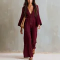 Bohemian style burgundy V-neck long sleeve wide-leg jumpsuit for a chic summer look - S / Jumpsuits / Burgundy