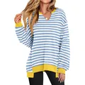 Casual gestreept blauw damessweatshirt met V-hals en gele geribbelde manchetten en zoom - S / Lichtblauw Gestreept