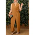 Combinaison pantalon femme jaune moutarde sans manches avec col en V et ceinture. - XS / Ensemble / Beige