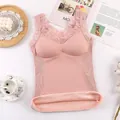 Pink seamless lace thermal camisole with built-in bra pads and soft fleece lining - One Size / Tops / Pink