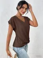 Chic brown V-neck short sleeve T-shirt for women featuring a stylish twist hem detail - Coffee