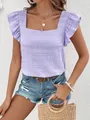 Lavender square neck blouse featuring ruffle sleeves and a smocked textured finish - S / Tops / Purple