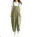 Casual plus size olive green cotton linen overalls jumpsuit with pockets for women - Army Green