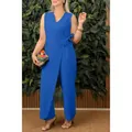 Élégante combinaison sans manches bleu roi pour femme avec col en V et nœud latéral chic - XS / Ensemble / Bleu