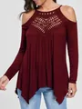 Detailed view of a burgundy long sleeve top featuring crochet lace and cold shoulders - S / Tops / Red