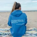 Women's blue fleece hoodie with inspirational letter print on the back beach style - Lake Blue