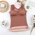 Canotta termica calda da donna foderata in pile con pizzo e imbottiture in terracotta - Taglia unica / Top / Arancione
