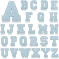 Complete A-Z set of light blue chenille embroidery letter patches with white border - White Base Light Blue (Set of 26)