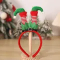 Christmas party headband featuring cute red and green elf legs on a wooden stand. - Green Elf Skirt Style (B-C219)