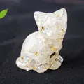 Handcrafted clear resin cat figurine with natural crystal chips and gold foil flakes - 3.2*3.3*4cm / White Crystal