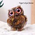 Handcrafted resin owl figurine featuring natural tiger eye stone chips for home decor - Tiger Eye Stone Owl / Approx 5x6cm