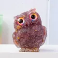Handcrafted purple crystal chips resin owl figurine with vibrant eyes and gold flakes - Strawberry Quartz Owl / Approx 5x6cm