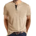 Men's khaki short-sleeved Henley t-shirt with chest pocket and button placket - Apricot
