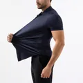 Men's navy blue high-elasticity seamless polo shirt showing stretchable fabric detail - 40/XS / Tops / Navy Blue (Short Sleeve)