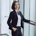 Elegant professional navy blue two-button business suit with matching skirt for women - S / Top And Bottom / Two Buttons / Blue