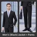 Professional two-piece men's black business suit featuring blazer and trousers set. - M / Top And Bottom / Black