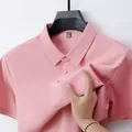 Close-up of pink men's ice silk polo shirt showing stretchy and soft fabric texture. - 3XL / Top (889 Style) / Begonia Red