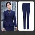Professional navy blue two-piece business suit set for women with blazer and pants - M / Top And Bottom / Sapphire Blue