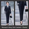 Women's navy blue professional business suit set including a jacket and trousers - M / Top And Bottom / Navy Blue