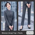 Professional grey two-piece business suit for women including blazer and pants - M / Top And Bottom / Gray