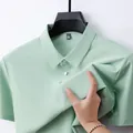 Men's light green ice silk polo shirt with elastic breathable fabric texture detail. - Scallion Green
