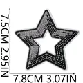 Detail view showing the 7.8cm x 7.5cm dimensions of the star sequin embroidery patch. - Hollow Star (X26LB-12-04) / 1 Piece / Silver Sequin