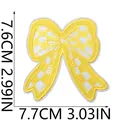 Detailed dimensions of yellow checkerboard bow embroidery iron-on patch, 7.6x7.7cm. - Yellow and White Checkerboard Bow (X26LB-19-36) / 1 Piece (7.7x7.6cm) / Yellow White Checkerboard