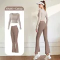 Conjunto de yoga transpirable con top caqui de manga larga y pantalón acampanado cacao - 2XL / Top Y Pantalón / Caqui + Cocoa