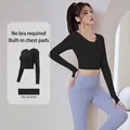Premium black long sleeve yoga top with built-in bra and thumbholes, soft nude feel fabric - S / Tops / Starry Black