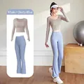 Conjunto de yoga de dos piezas con top de manga larga y pantalón acampanado en caqui y azul - S / Top Y Pantalón / Caqui + Azul Lago