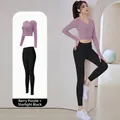 Berry purple and starry black yoga set with long-sleeve top and high-waist leggings - S / Top And Bottom / Berry Purple + Stellar Black