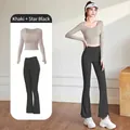 Ensemble de yoga respirant avec haut kaki à manches longues et legging évasé noir - Khaki + Noir Étoilé