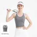 Grey ribbed sports tank top with built-in pads and elegant cross back straps for women - S / Tops / Sea Rock Grey