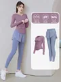 Two-piece breathable yoga set including long sleeve top and skirted leggings for fitness - S / Top And Bottom / Berry Purple Top And Blue Pants